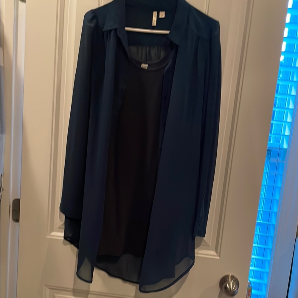 Frenchi Deep Teal Sheer Top with navy shirt